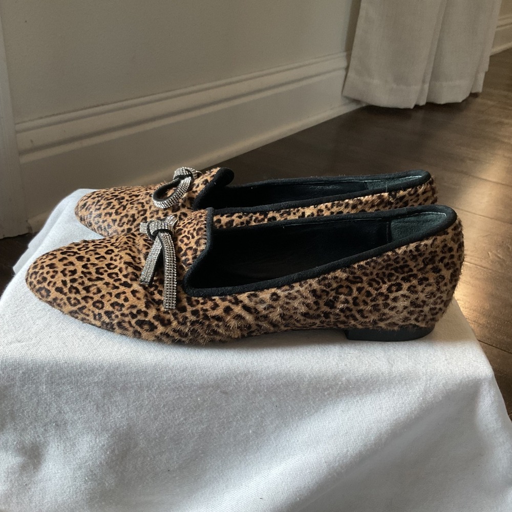 Stuart Weitzman Leopard Print Hair Calf Crystal Bow Loafers Size 6.5